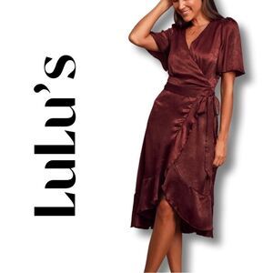 Lulu’s | Satin Burgundy Faux Tie-Front Dress
